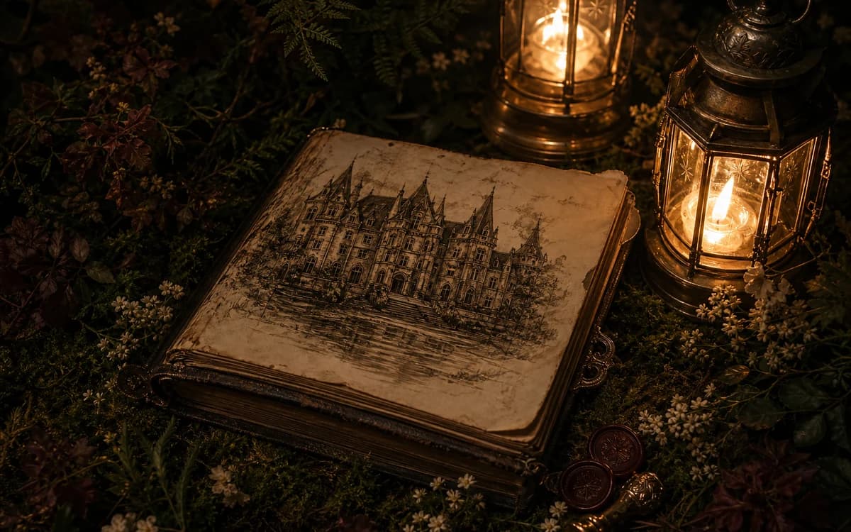 An antique memory book beside candlelit lanterns