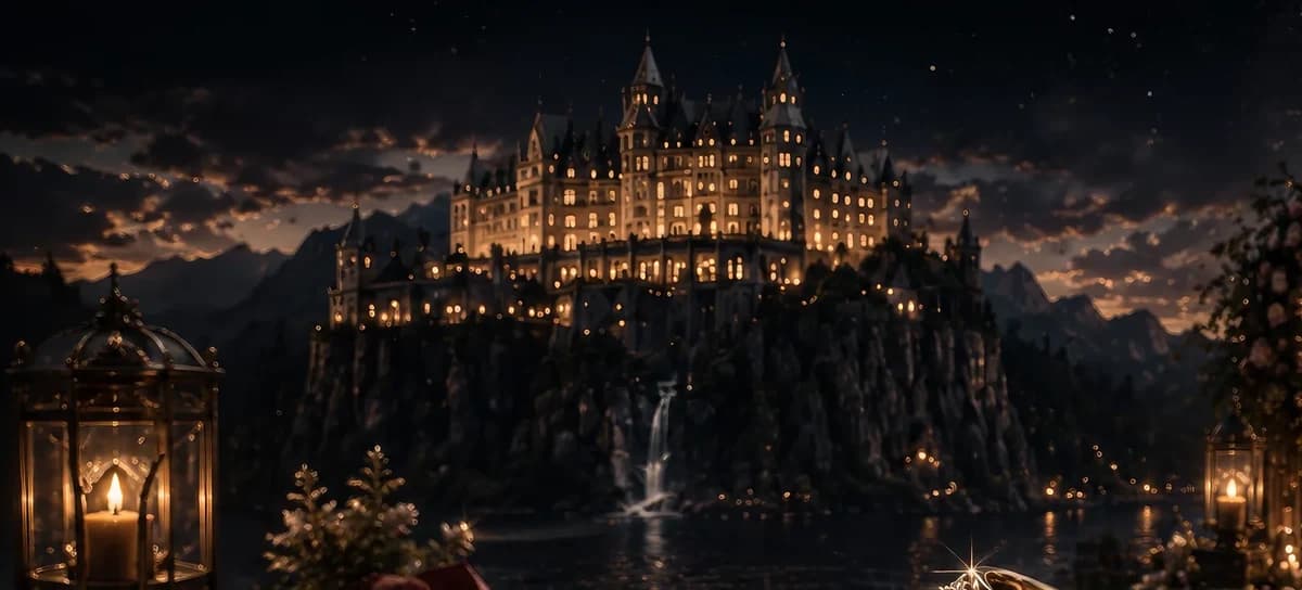 An illuminated manor overlooking the water at night