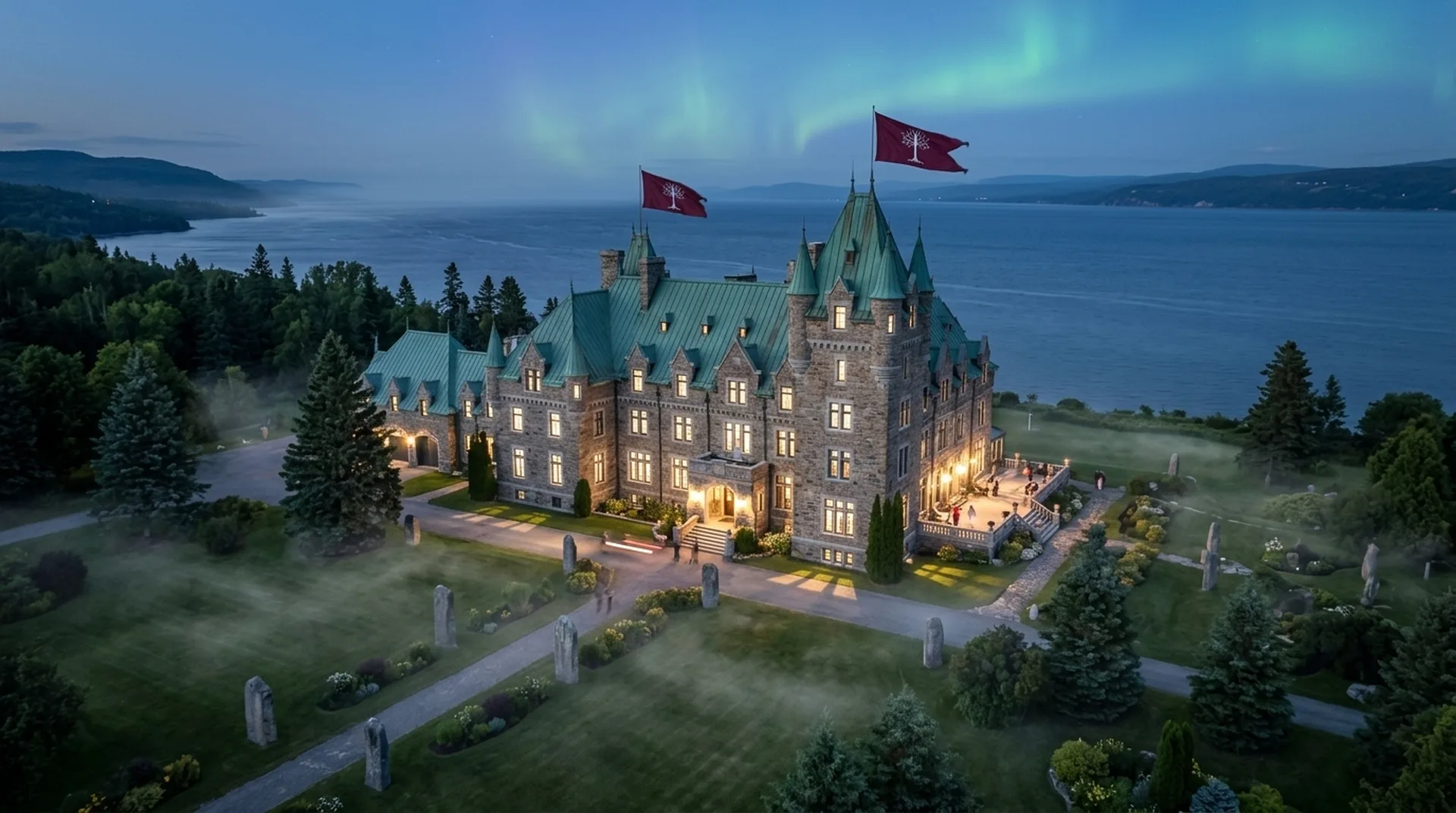 Vue aérienne fantastique du Manoir Richelieu en château de légende au-dessus du Saint-Laurent