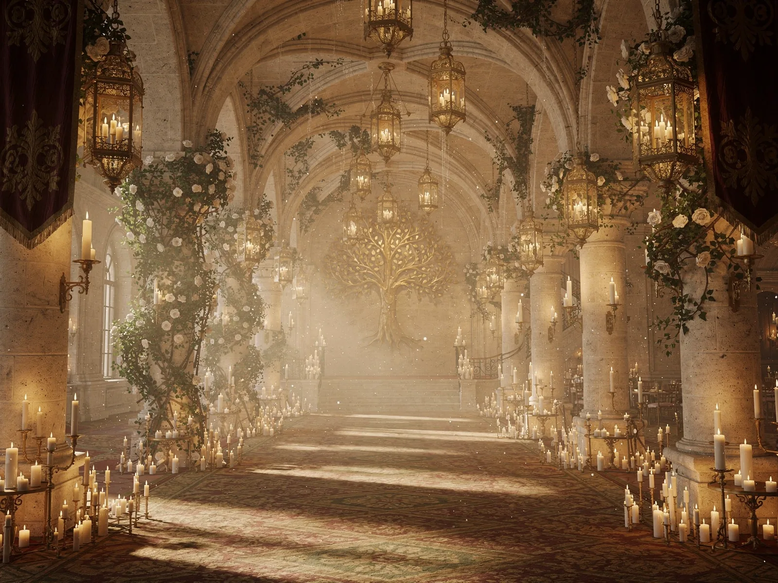 Le hall d’entrée réinventé en grande salle de conte, éclairée aux chandelles