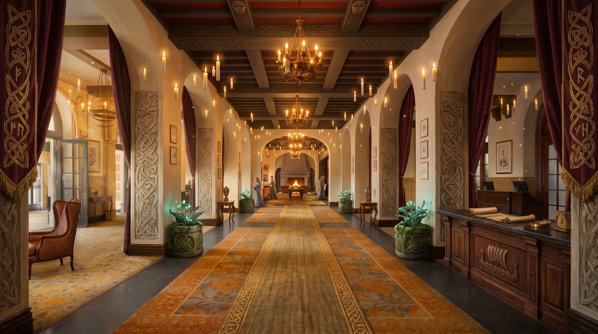 Le hall d'entrée réinventé en grande salle elfique éclairée aux chandelles