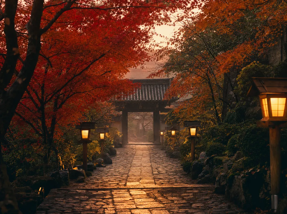 Les érables et les lanternes du crépuscule — Kyoto · Japon